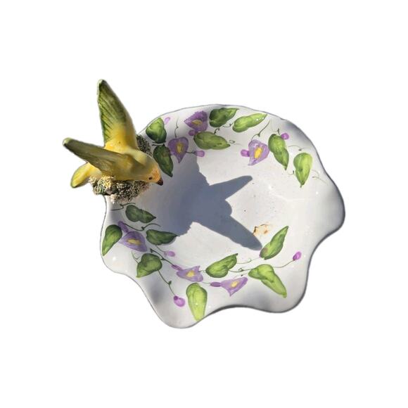 Handmade Artisan Ceramic Pottery Bird Feeder Bath Planter Yellow Koi Birds - Picture 3 of 5